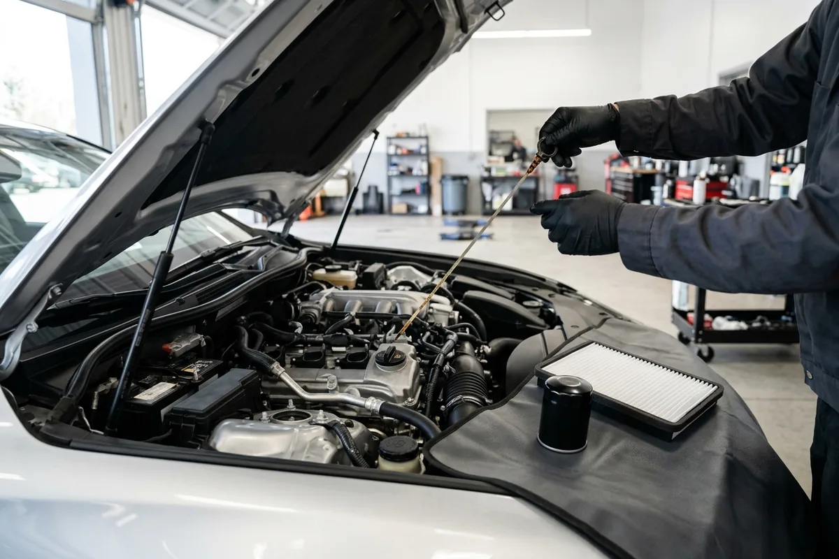 Gloved technician checking the oil dipstick on a silver sedan, with a new oil filter and cabin air filter on the fender cover